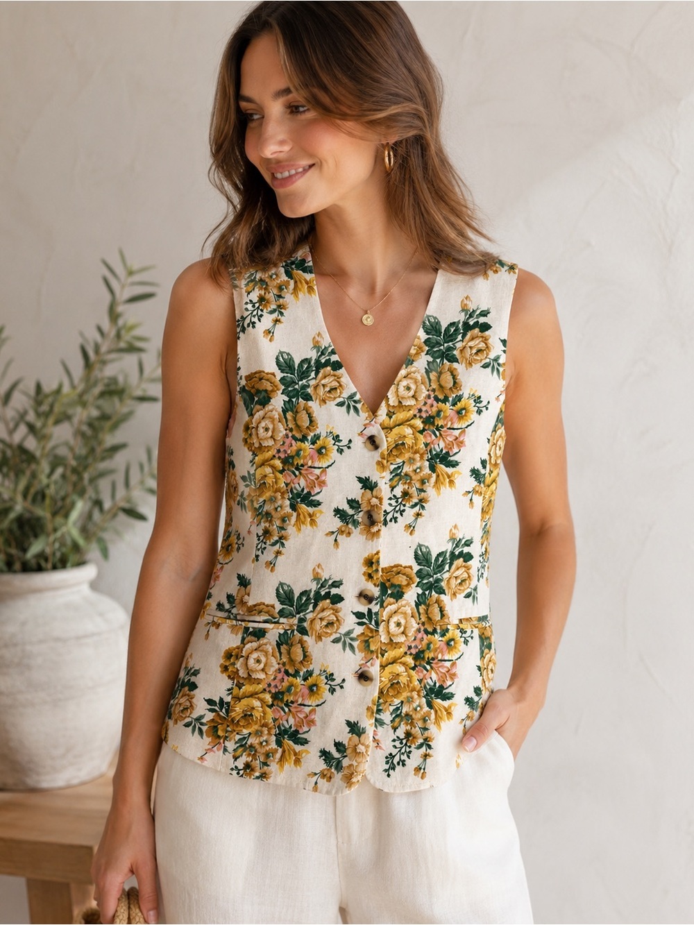 Daniel Hechter Vintage Floral Linen Blend Button Vest | Made in Canada |
